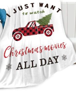 Red Christmas Truck with Tree Blanket- White Christmas Throw Blankets with I Just Want to Watch Christmas Movies All Day Fleece Blanket White 30x40